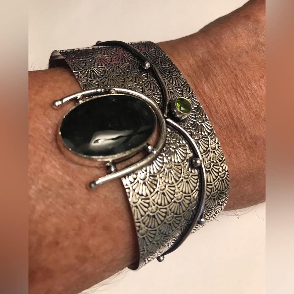 Moss Agate Black Onyx Stamped 925 Sterling Silver Cuff Bracelet